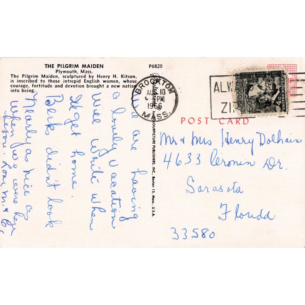 Vintage 1966 The Pilgrim Maiden Plymouth Massachusetts Postcard Henry H Kitson - Picture 2 of 2